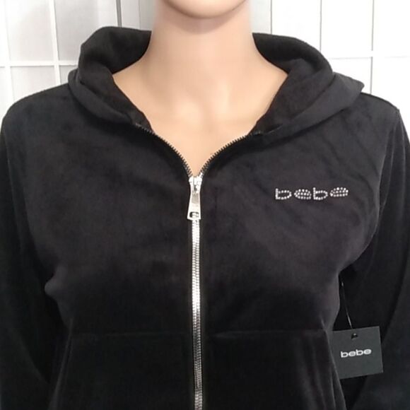 Bebe Black Velour Hooded Jacket W/ Rhinestone Logo - Picture 4 of 16